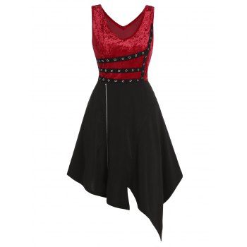 

Sleeveless Asymmetrical Grommet Detail Velvet Contrast Dress, Black