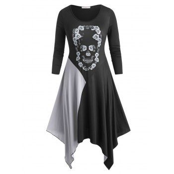 

Colorblock Skull Floral Halloween Plus Size Dress, Black