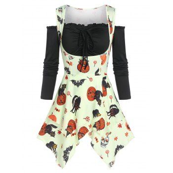

Halloween Pumpkin Front Drawstring Asymmetrical Two Piece T Shirt, White