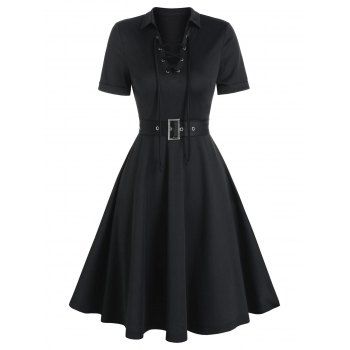 

Lace-up Front Belted Flare Dress, Black