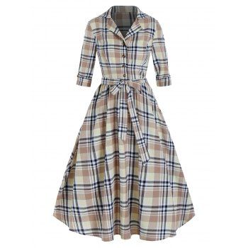

Plaid Print Half Button Belted Vintage Dress, Multicolor a