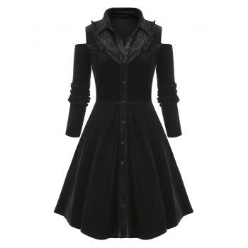 

Plus Size Lace Insert Button Up Velvet Dress, Black