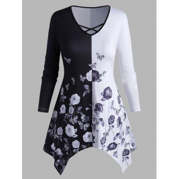 

Plus Size Flower Print Crisscross V Neck Handkerchief T-shirt, Black