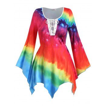 

Rainbow Tie Dye Lace Up Handkerchief Plus Size Top, Red