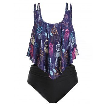 

Plus Size Dreamcatcher Print Ruffled Tankini Swimwear, Deep blue