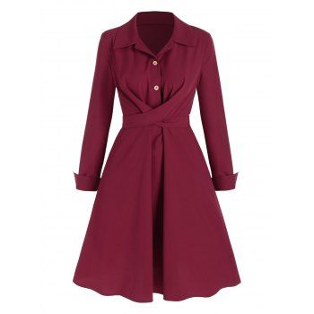 

Plain Half Button Crisscross Mini Shirt Dress, Red wine