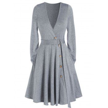 

Plain Deep V Neck Pockets Belted Mini A Line Dress, Light gray