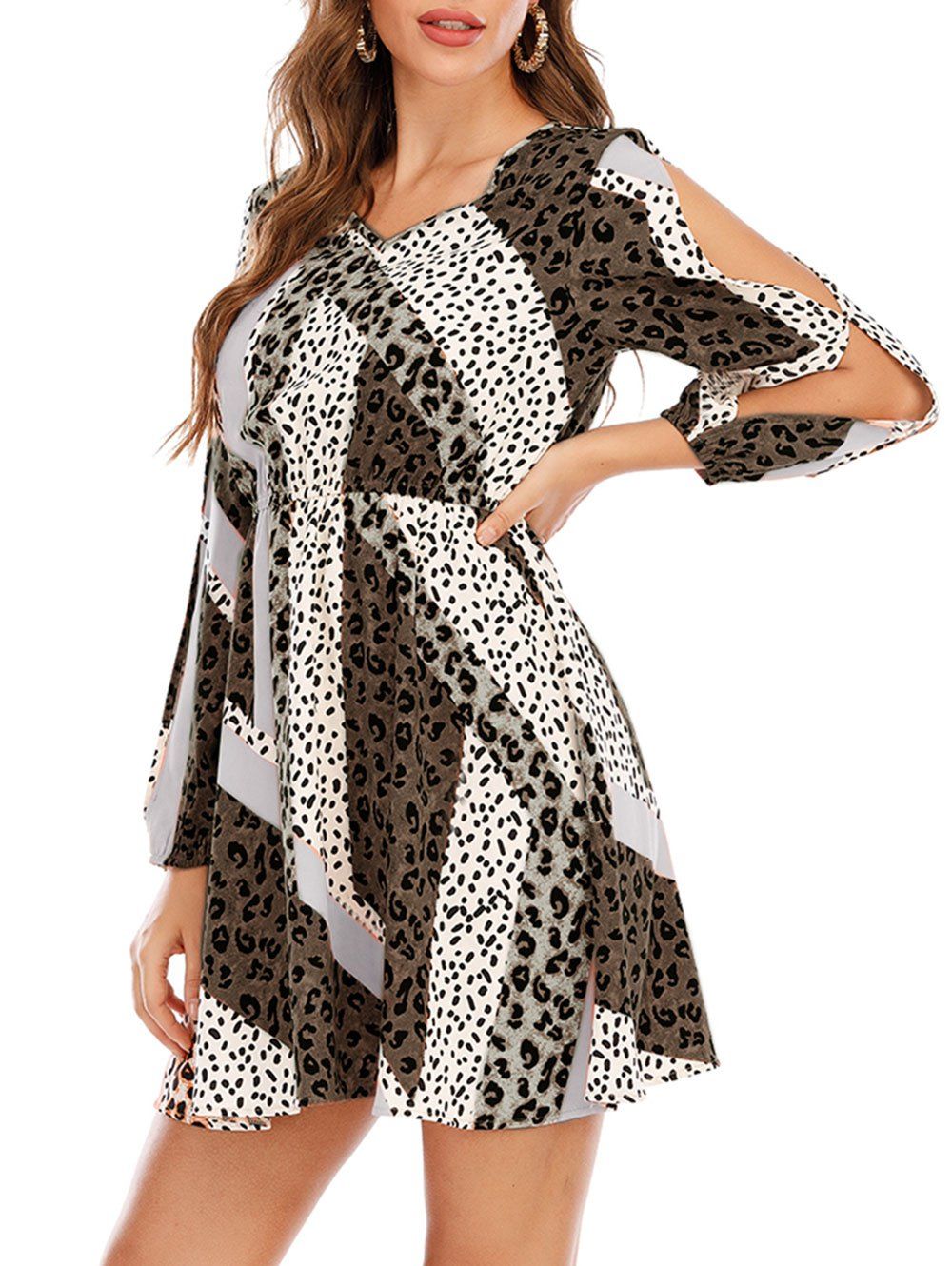 Leopard Dalmatian Dot Print Split Sleeve Mini Dress - LIGHT GRAY S