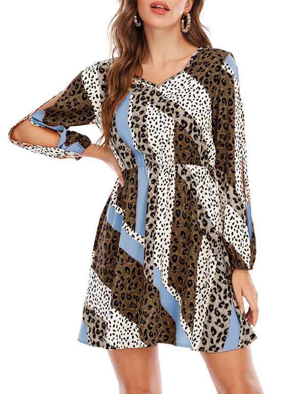 Leopard Dalmatian Dot Print Split Sleeve Mini Dress - LIGHT BLUE XL