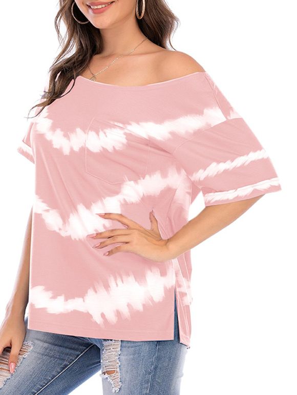 T-shirt Teinté Fente Latérale avec Poche à Col Oblique - Rose clair L