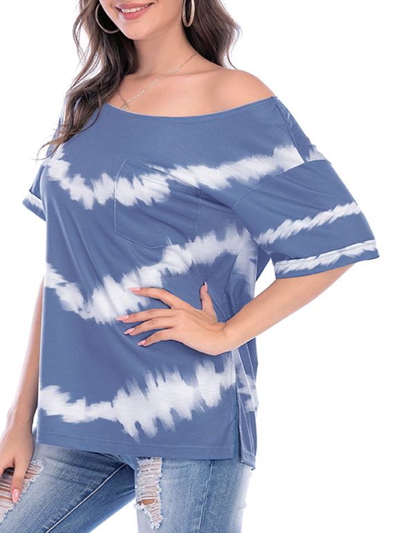 T-shirt Teinté Fente Latérale avec Poche à Col Oblique - Bleu 2XL