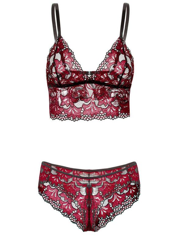 Ensemble de Lingerie Soutien-Gorge et Culotte Floral en Dentelle de Grande Taille - Rouge foncé 6XL