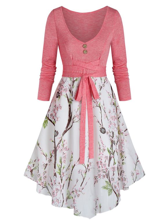 Robe Asymétrique à Imprimé Fleurie à Taille Haute avec Lacets - Rose Rosé 3XL