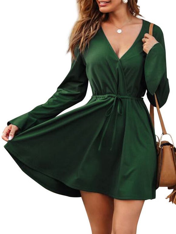 Robe Superposée Manches Longues Taille à Cordon - Vert profond M