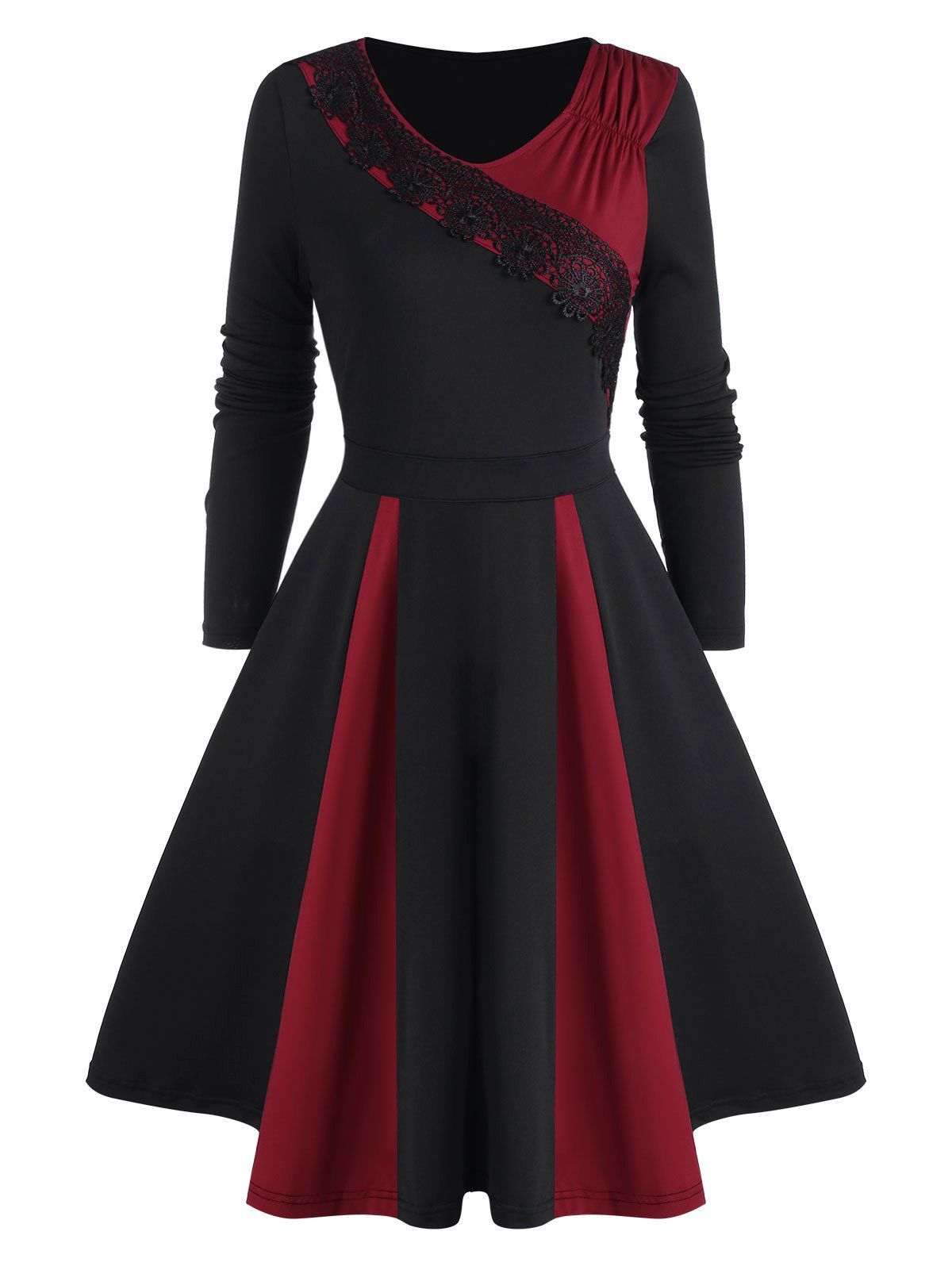 [43% OFF] 2021 Ruched Lace Applique Godet Dress In BLACK | DressLily