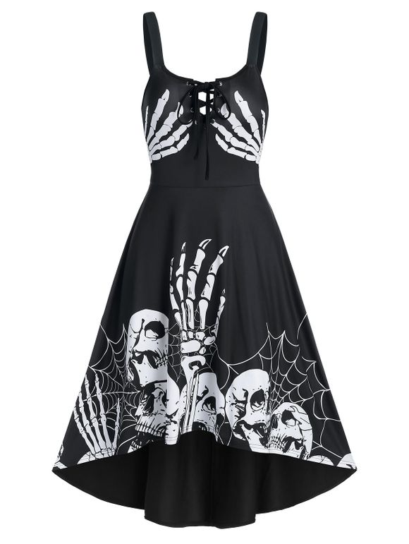 Robe Gothique à Bretelle Motif de Squelette avec Lacets - Noir L