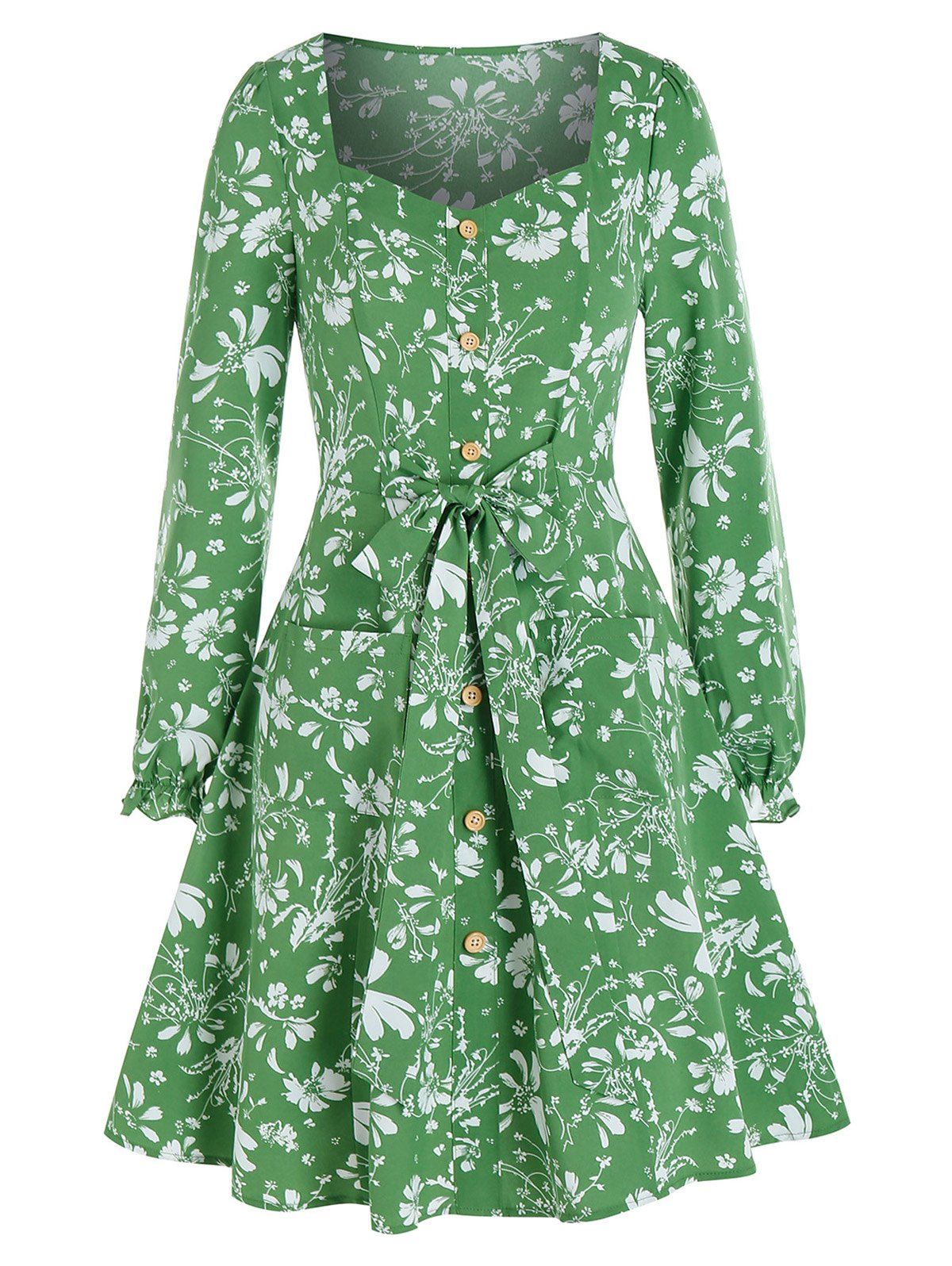 Ditsy Floral Pockets Mock Button Mini A Line Dress - LIGHT GREEN XL