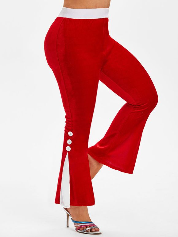 Pantalon Évasé Bicolore en Velours Grande Taille - Rouge L
