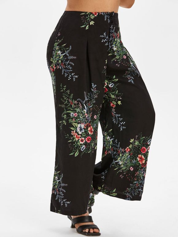 Pantalon Fleuri Imprimé Jambe Large à Taille Haute de Grande Taille - Noir 5X