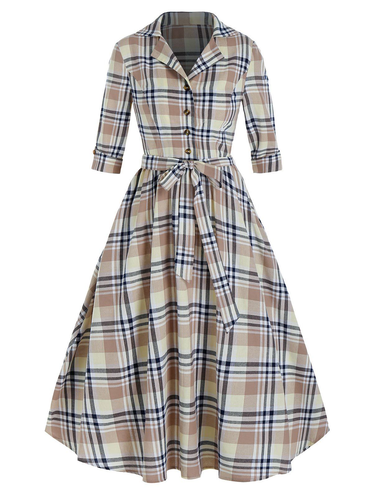 Plaid Print Half Button Belted Vintage Dress - multicolor A 2XL