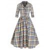 Robe Vintage Ceinturée à Carreaux Imprimé à Demi-Bouton - multicolor A M