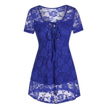 

Floral Lace Sheer Lace Up Curved Hem See Through Top, Cobalt blue