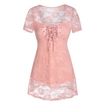 

Floral Lace Sheer Lace Up Curved Hem See Through Top, Pig pink