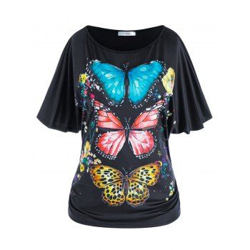 

Plus Size Batwing Sleeve Butterfly Print Tee, Black