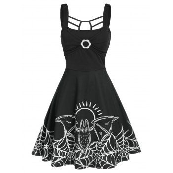 

Halloween Spider Web Print Sleeveless Flare Dress, Black