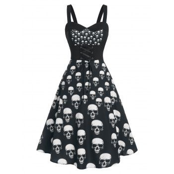 

Skull Print Lace Up Cami A Line Dress, Black