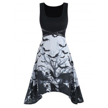 Halloween Tree Bat Print Rivet Dress, Black