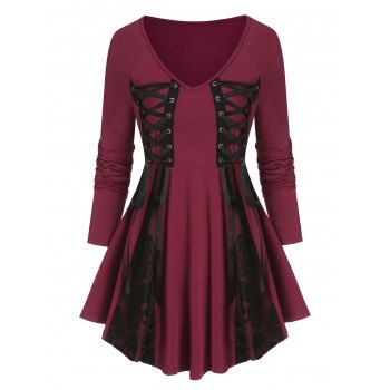 

Lace Up Lace Insert Gothic Skirted T Shirt, Red wine