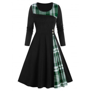 Image of Plaid Insert Button Knee High Long Sleeve Dress