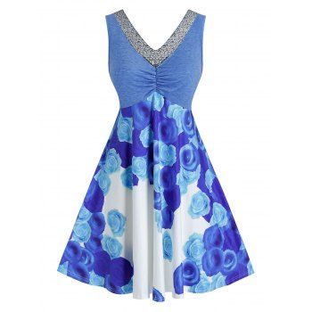 

Plus Size Sequins Ruched Bust Floral A Line Dress, Sky blue