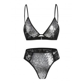 Image of Plus Size Sequins Lace Panel Lingerie Bra Set