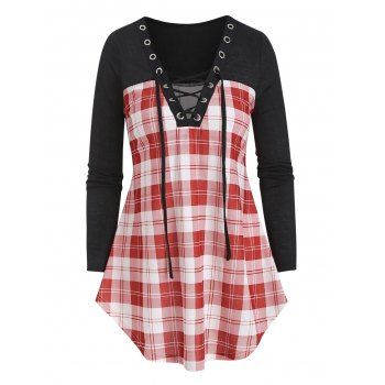 

Deep V Neck Lace Up Checked Patch T Shirt, Multicolor a