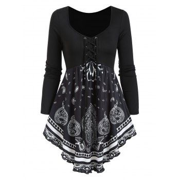 

Paisley Print Lace Up Skirted T Shirt, Black