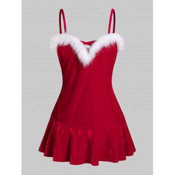 

Plus Size Velvet Faux Fur Panel Christmas Lingerie Dress, Red