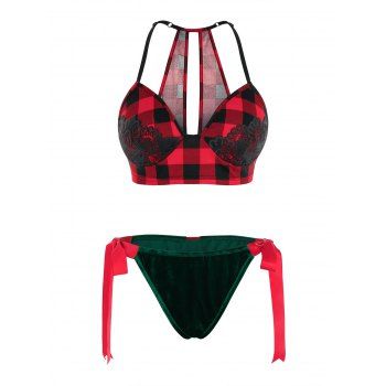 

Plus Size Cutout Bowknot Plaid Bra Set, Multicolor