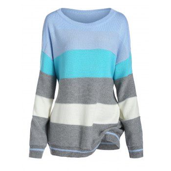 

Plus Size Colorblock Stripe Drop Shoulder Sweater, Light blue