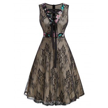 

Floral Patch Lace Up Lace Sleeveless Dress, Multicolor a