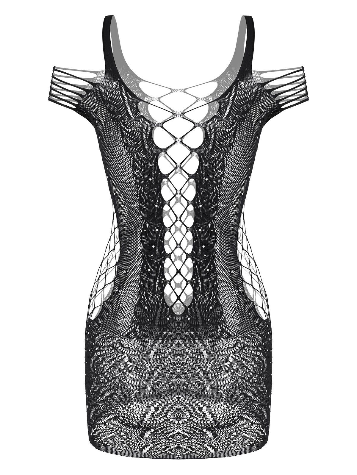 [29% OFF] 2020 Plus Size Rhinestone Fishnet Lingerie Dress In BLACK ...