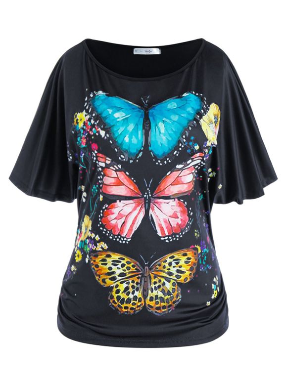 T-shirt Papillon Imprimé à Manches Chauves-Souris Grande Taille - Noir L