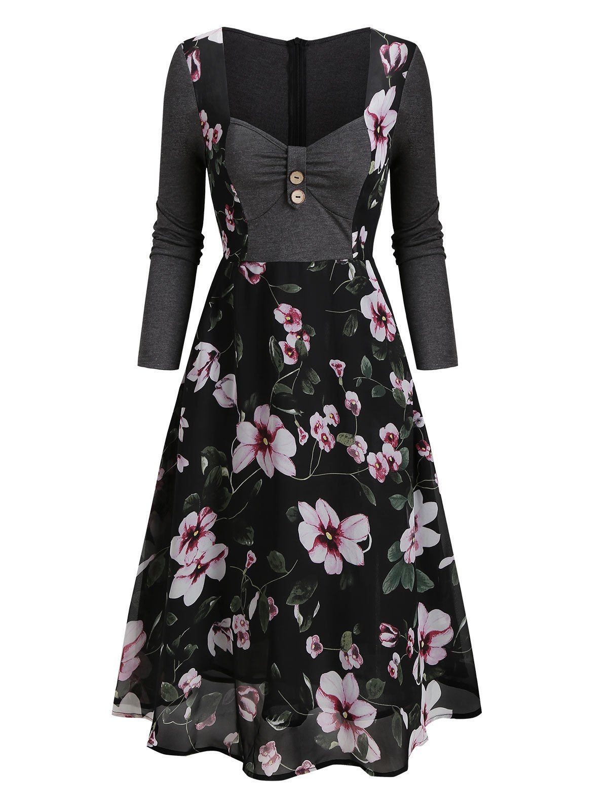 Flower A Line Midi Dress Overlay Mesh High Waist Mock Button Sweetheart Neck Long Sleeve Dress - multicolor A 3XL