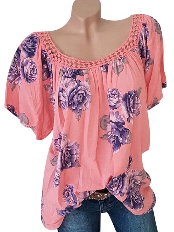 Haut en Dentelle Au Crochet à Imprimé Fleuri de Grande Taille - Rose clair 4XL