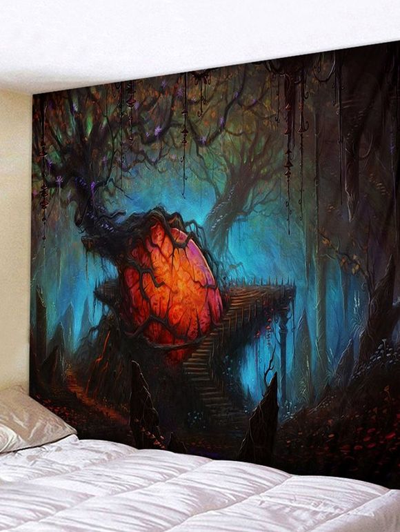 Tapisserie Murale Imprimé Arbres Flétrie Halloween - Ardoise bleue foncée W91 X L71 INCH