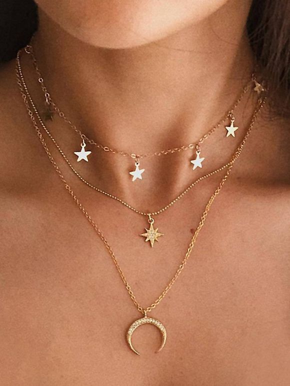 Collier Superposé Lune Etoile à Chaîne avec Strass - d'or 