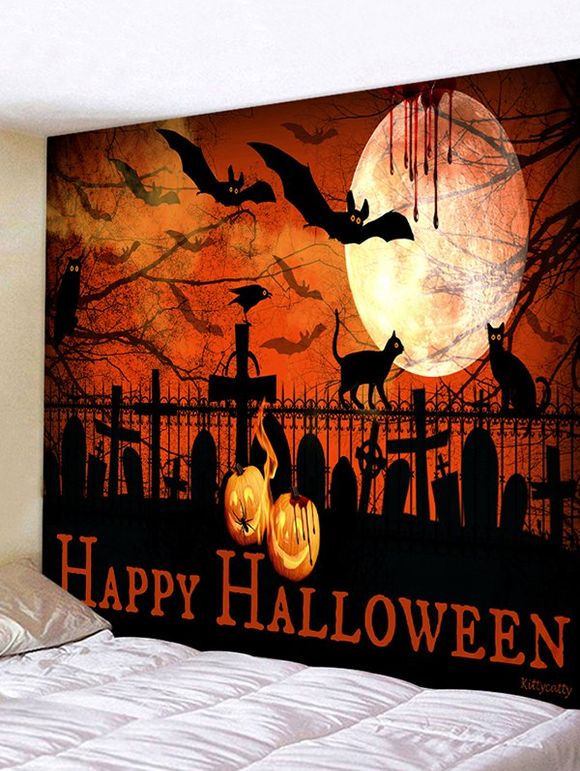 Tapisserie Murale Lune Citrouille et Chauve-Souris Imprimés pour Halloween - Chocolat W91 X L71 INCH