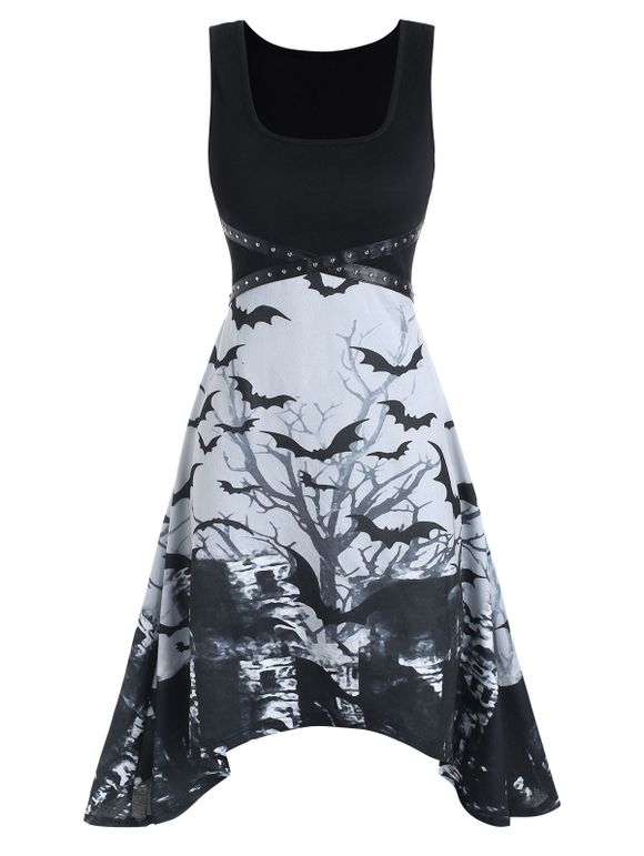 Robe d'Halloween à Imprimé Chauve-souris Arbre avec Rivet - Noir 2XL