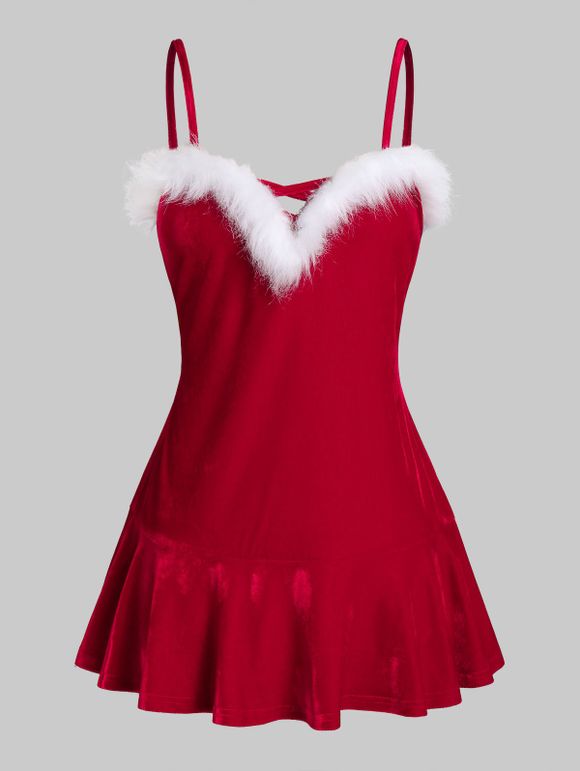 Robe Lingerie de Noël Panneau en Fausse Fourrure de Grande Taille en Velours - Rouge 3X